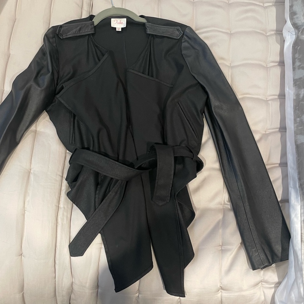 Parker cropped leather jacket with waist tie (great condition)